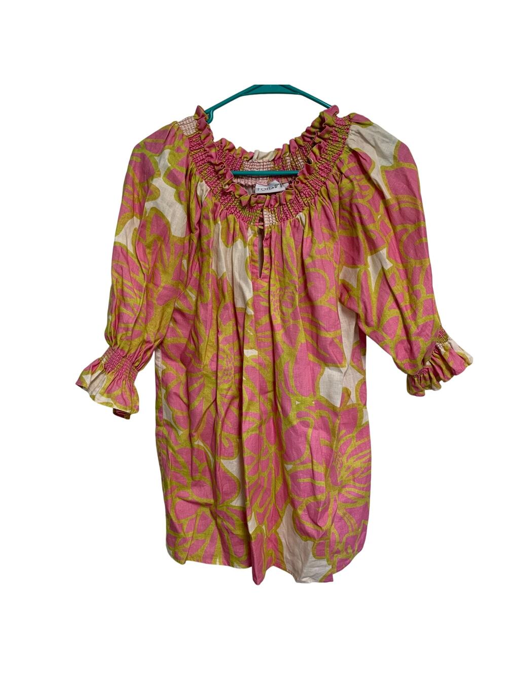 FOIL Women’s 100% Linen Pink Floral Pattern 1/2 Sleeve Scoop Neck Blouse Size 10